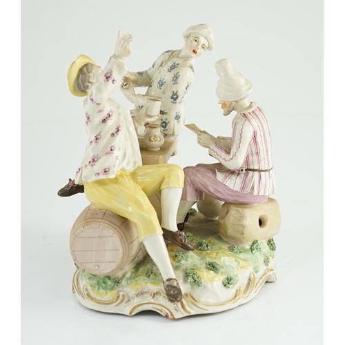 83 - A Frankenthal porcelain group of three carousing men, c.1770-75, modelled by Karl Gottlieb Lück, one... 