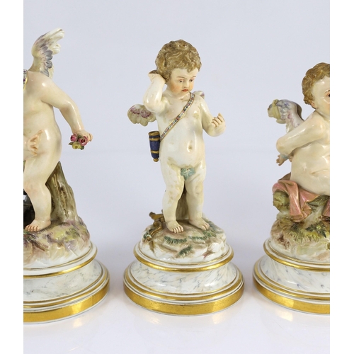 84 - A series of five Meissen porcelain figures of Cupid, late 19th century, modelled by Heinrich Schwabe... 