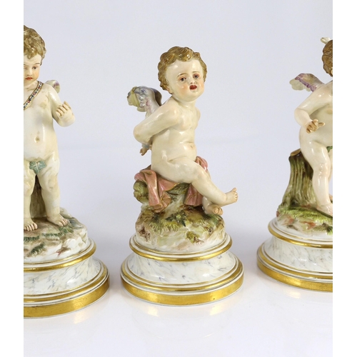 84 - A series of five Meissen porcelain figures of Cupid, late 19th century, modelled by Heinrich Schwabe... 