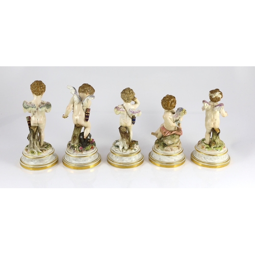 84 - A series of five Meissen porcelain figures of Cupid, late 19th century, modelled by Heinrich Schwabe... 