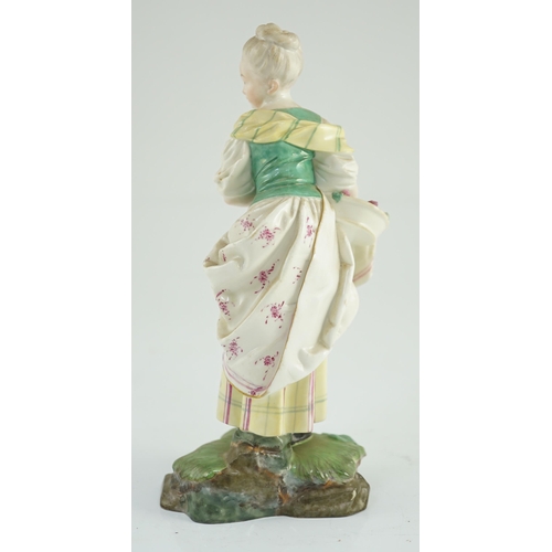 85 - A Höchst figure of a flower posy girl, c.1770-1775, modelled by J.P. Melchior, underglaze blue wheel... 