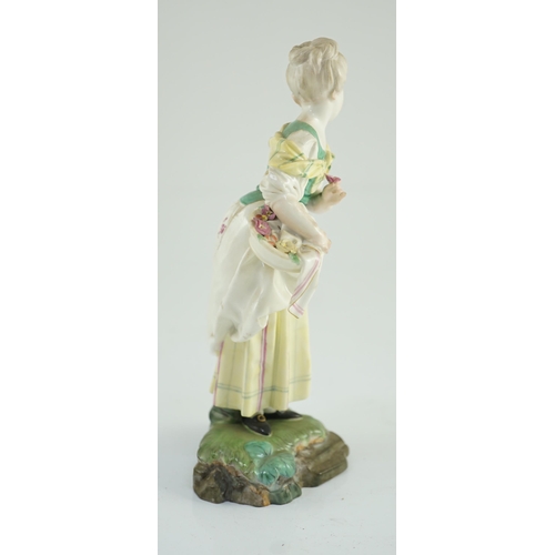 85 - A Höchst figure of a flower posy girl, c.1770-1775, modelled by J.P. Melchior, underglaze blue wheel... 