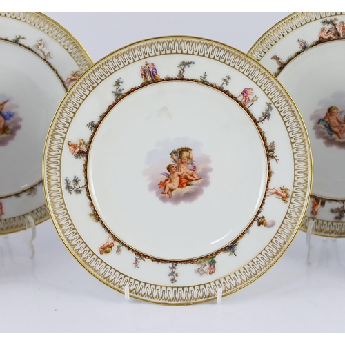 92 - A set of five Meissen Capo di Monte style plates, 19th century, each painted to the centre with cher... 