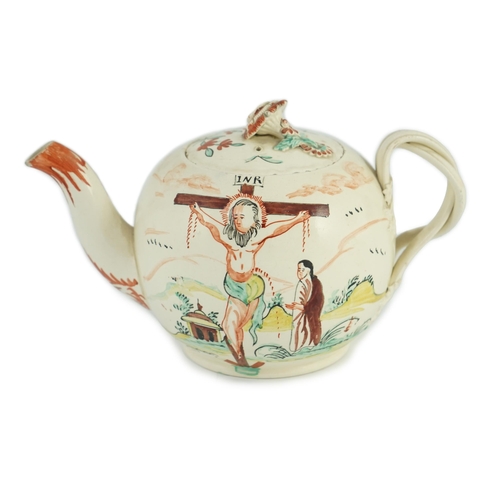 94 - A rare English creamware crucifixion teapot, c.1780-1800, each side depicting Christ with Mary Mag... 