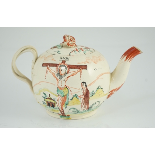 94 - A rare English creamware crucifixion teapot, c.1780-1800, each side depicting Christ with Mary Mag... 