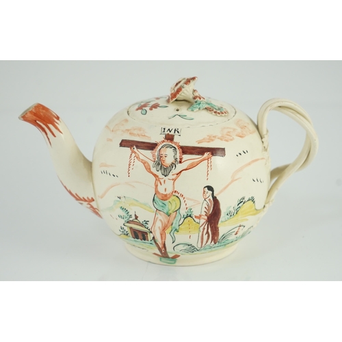 94 - A rare English creamware crucifixion teapot, c.1780-1800, each side depicting Christ with Mary Mag... 