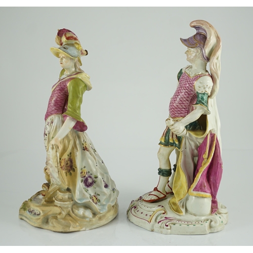 96 - A pair of large Derby porcelain figures of Minerva and Mars, c.1760, decorated in bright puce, yello... 