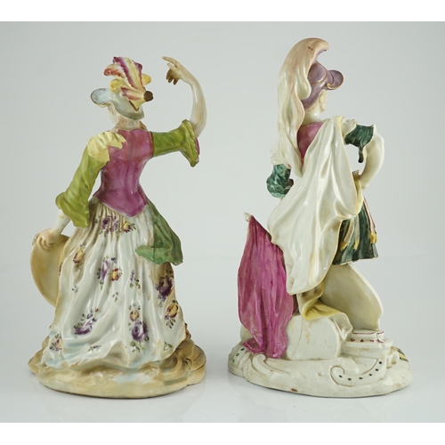 96 - A pair of large Derby porcelain figures of Minerva and Mars, c.1760, decorated in bright puce, yello... 