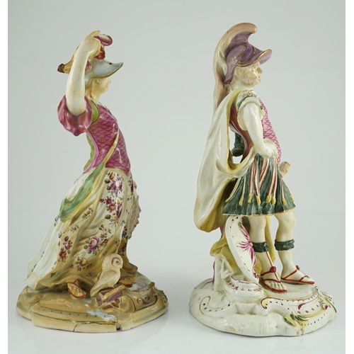 96 - A pair of large Derby porcelain figures of Minerva and Mars, c.1760, decorated in bright puce, yello... 