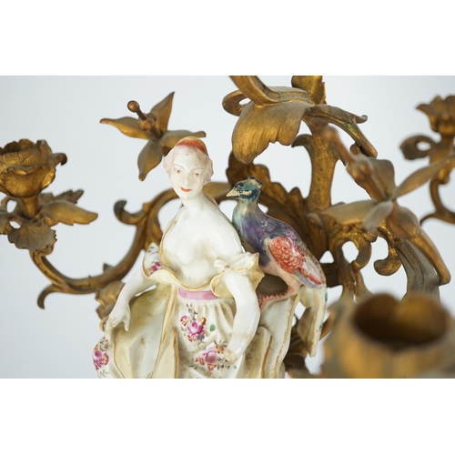 97 - A pair of large Derby porcelain and ormolu mounted Juno and Jupiter figural candelabra, the figure... 