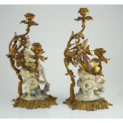 97 - A pair of large Derby porcelain and ormolu mounted Juno and Jupiter figural candelabra, the figure... 