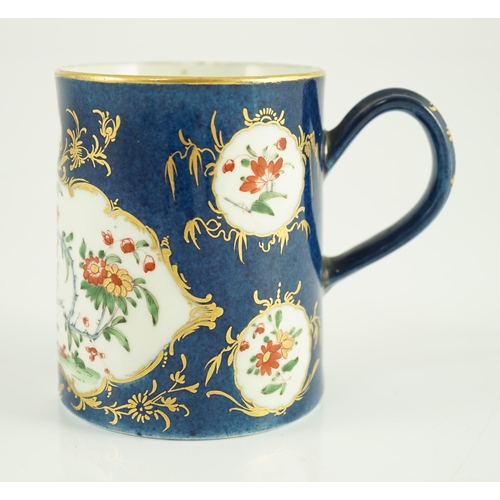 98 - A Worcester kakiemon powder blue small mug, c.1765, painted with a bird, wheatsheaf, flowers and ins... 