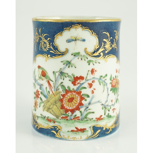 98 - A Worcester kakiemon powder blue small mug, c.1765, painted with a bird, wheatsheaf, flowers and ins... 