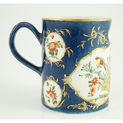 98 - A Worcester kakiemon powder blue small mug, c.1765, painted with a bird, wheatsheaf, flowers and ins... 