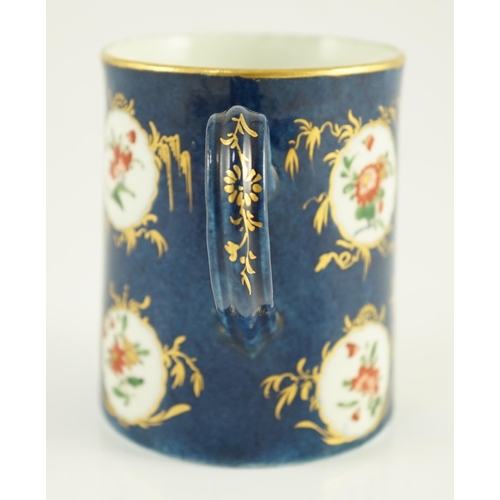 98 - A Worcester kakiemon powder blue small mug, c.1765, painted with a bird, wheatsheaf, flowers and ins... 