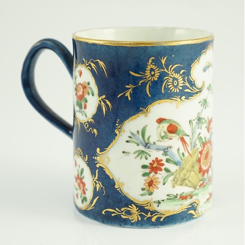 98 - A Worcester kakiemon powder blue small mug, c.1765, painted with a bird, wheatsheaf, flowers and ins... 