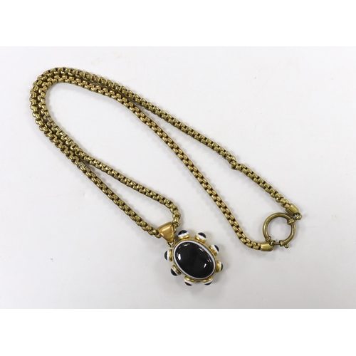 1939 - A Victorian pinchbeck and banded agate set pendant, 39mm, on a gilt metal chain.