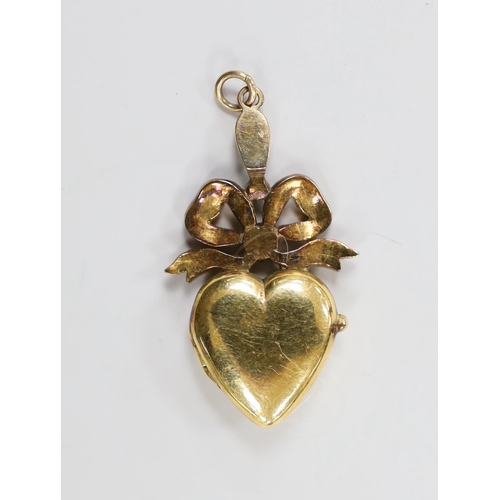 1943 - An Edwardian yellow metal, rose cut diamond and split pearl cluster set heart shaped locket pendant,... 