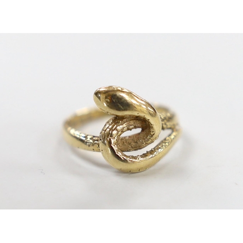 1951 - A 1970's? 9ct gold entwined serpent ring, size J, 3.3 grams.