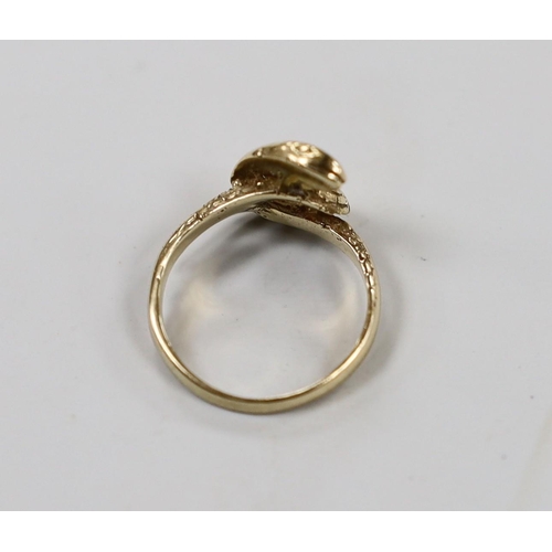 1951 - A 1970's? 9ct gold entwined serpent ring, size J, 3.3 grams.