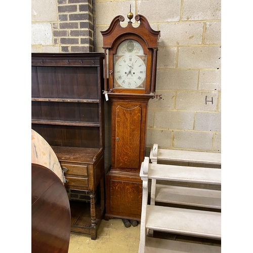 1004 - An early 19th century oak 8 day longcase clock, fusee movement, dial marked Crossland, height 236cm... 