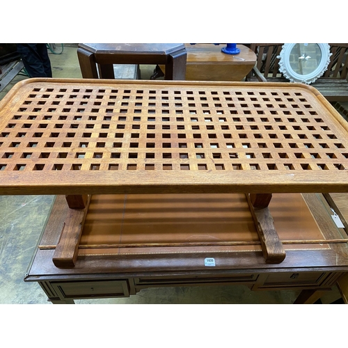 1037 - An Arts & Crafts style rectangular oak lattice top coffee table, length 123cm, width 62cm, height 47... 