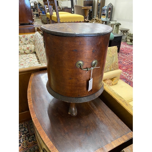 1052 - A George III style circular mahogany work box, diameter 38cm, height 47cm