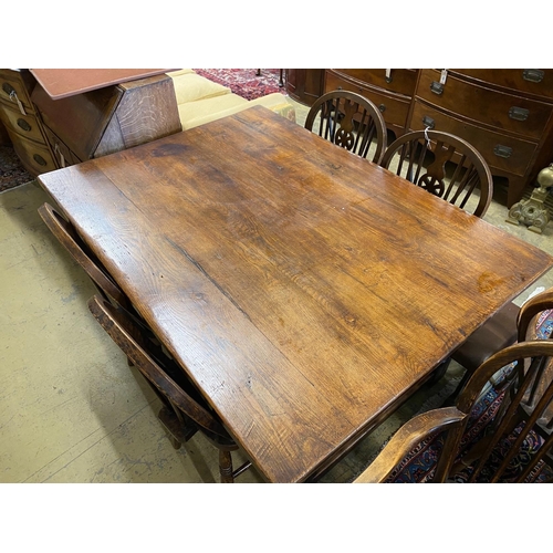 1057 - A small 18th century style rectangular oak refectory dining table, length 137cm, width 98cm, height ... 