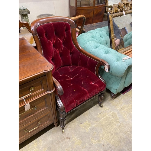 1090 - A Regency mahogany bergere chair now upholstered in a deep buttoned red fabric, width 59cm, depth 65... 