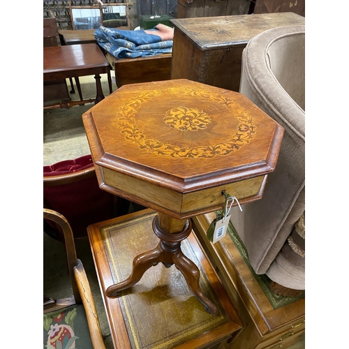 1109 - A Victorian marquetry inlaid octagonal trumpet work table, width 40cm, height 70cm