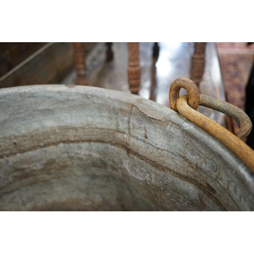 1138 - A Victorian brass and wrought iron cauldron with wrought iron swing handle, diameter 56cm, height 35... 