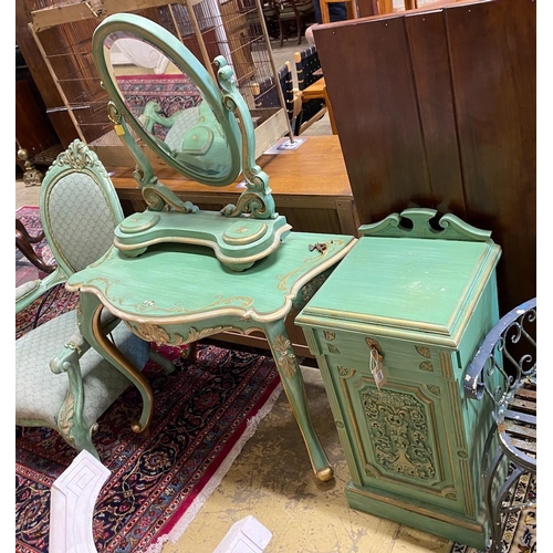 1171 - A Victorian style mahogany open armchair, together with a side table, dressing mirror and bedside cu... 