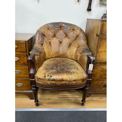 1192 - An early Victorian buttoned brown leather mahogany library chair, width 65cm, depth 62cm, height 86c... 