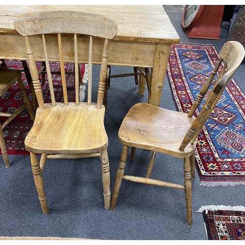 1212 - A Victorian rectangular pine kitchen table, length 136cm, depth 81cm, height 77cm together with six ... 