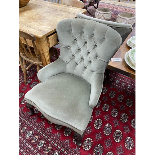 1213 - A pair of Victorian style upholstered spoon back chairs, width 63cm, depth 58cm, height 84cm