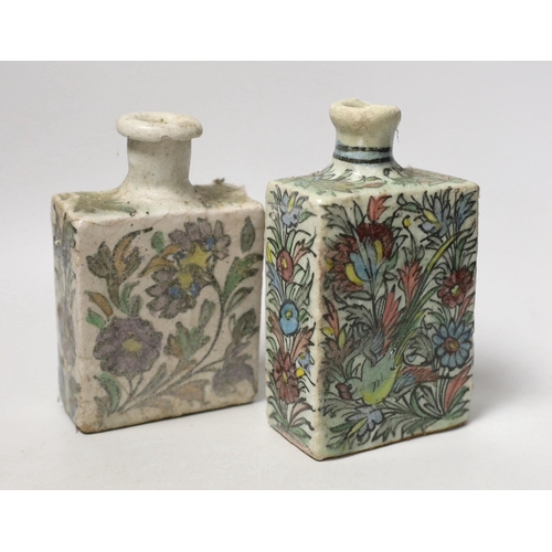 1258 - Two 19th century Persian fritware flasks, tallest 16.5cm