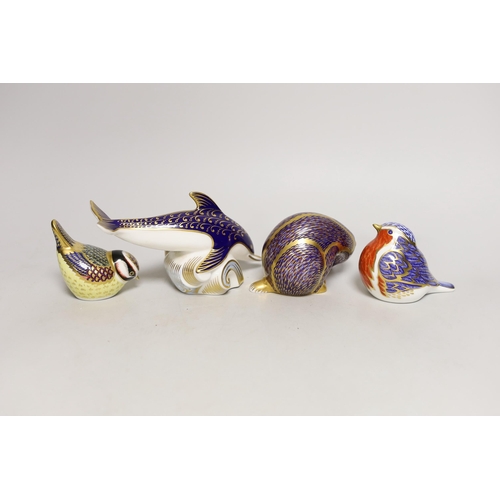 1265 - Four Royal Crown Derby paperweights - dolphin, badger and two birds