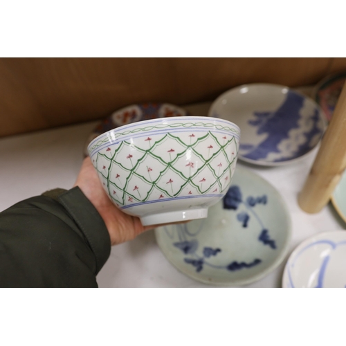 1272 - A group of Chinese plates and dishes including a Ming dynasty blue and white bowl