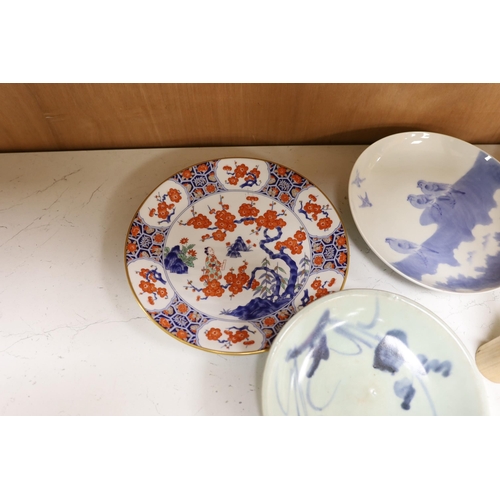 1272 - A group of Chinese plates and dishes including a Ming dynasty blue and white bowl