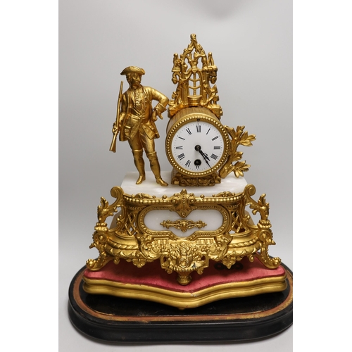 1293 - A French gilt metal mantel clock under dome. Overall 53cm tall