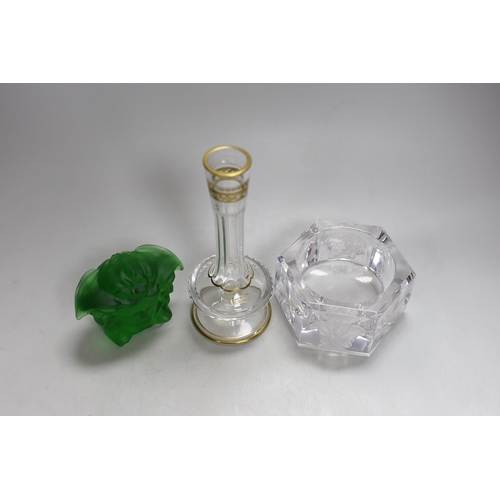 1322 - A Versace pressed green glass Medusa paperweight, a Versace ashtray and Asprey Saint Louis scent bot... 