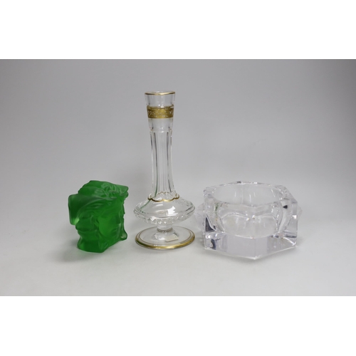 1322 - A Versace pressed green glass Medusa paperweight, a Versace ashtray and Asprey Saint Louis scent bot... 