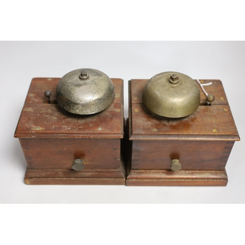 1326 - Two W.R.Sykes mahogany small signal box bells, one bears manufacturer's plaque