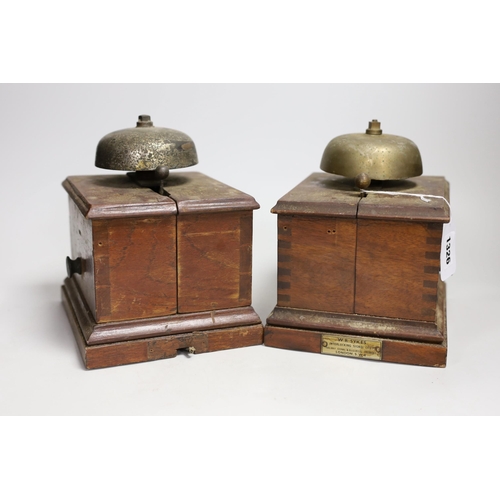 1326 - Two W.R.Sykes mahogany small signal box bells, one bears manufacturer's plaque