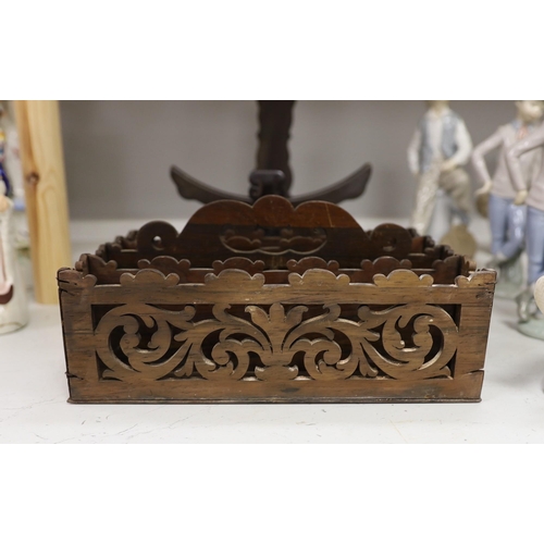 1336 - Two Chinese hardwood plate stands and a fret cut rosewood letter rack, 26cm wide