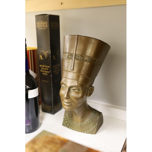 1356 - A brassbound box, a writing slope, a mantle clock, 37.5cm tall, and a bust of Nefertiti