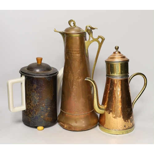 1366 - An Art Nouveau copper ewer, a WMF teapot and copper coffee pot, other metalware. Tallest 40cm