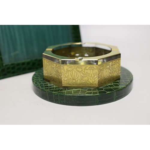 1370 - An Asprey green faux crocodile hide desk set, comprising photograph frame, 32 cm high and Moser glas... 