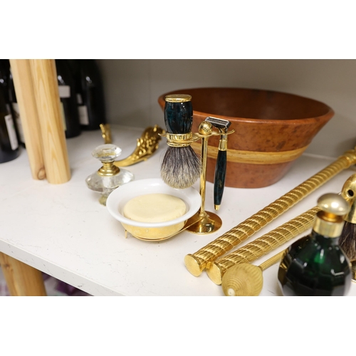 1372 - Harrods gold-plated bathroom fittings, Faberge atomiser, stylish shaving equipment, together with ot... 