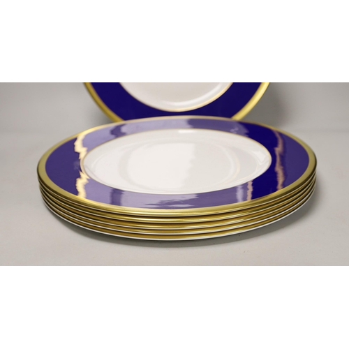 1388 - Six Asprey, London, blue and gilt banded dinner plates, 34cms diameter